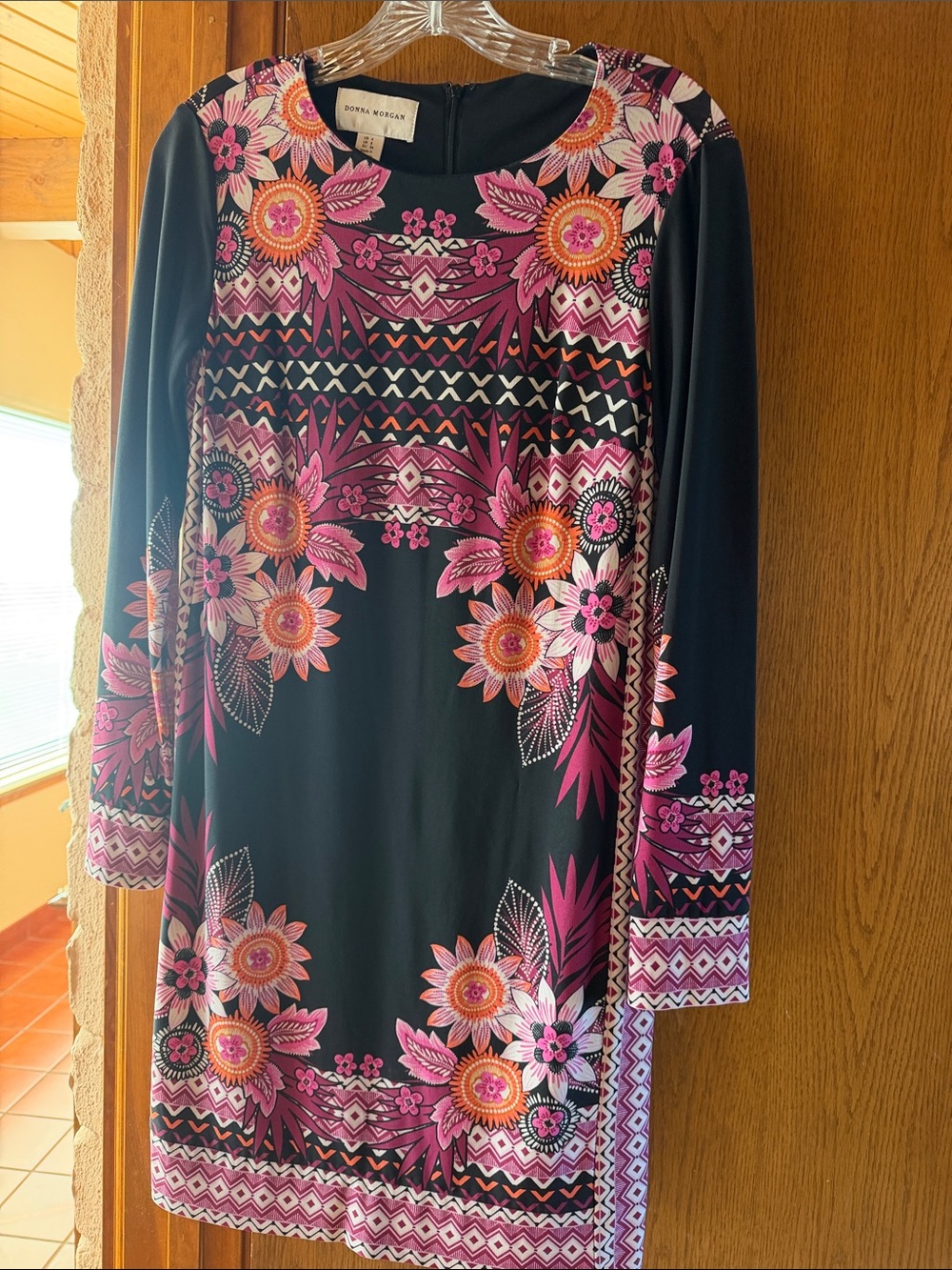 Donna Morgan Black Floral Shift Dress with Pink & Orange Pattern